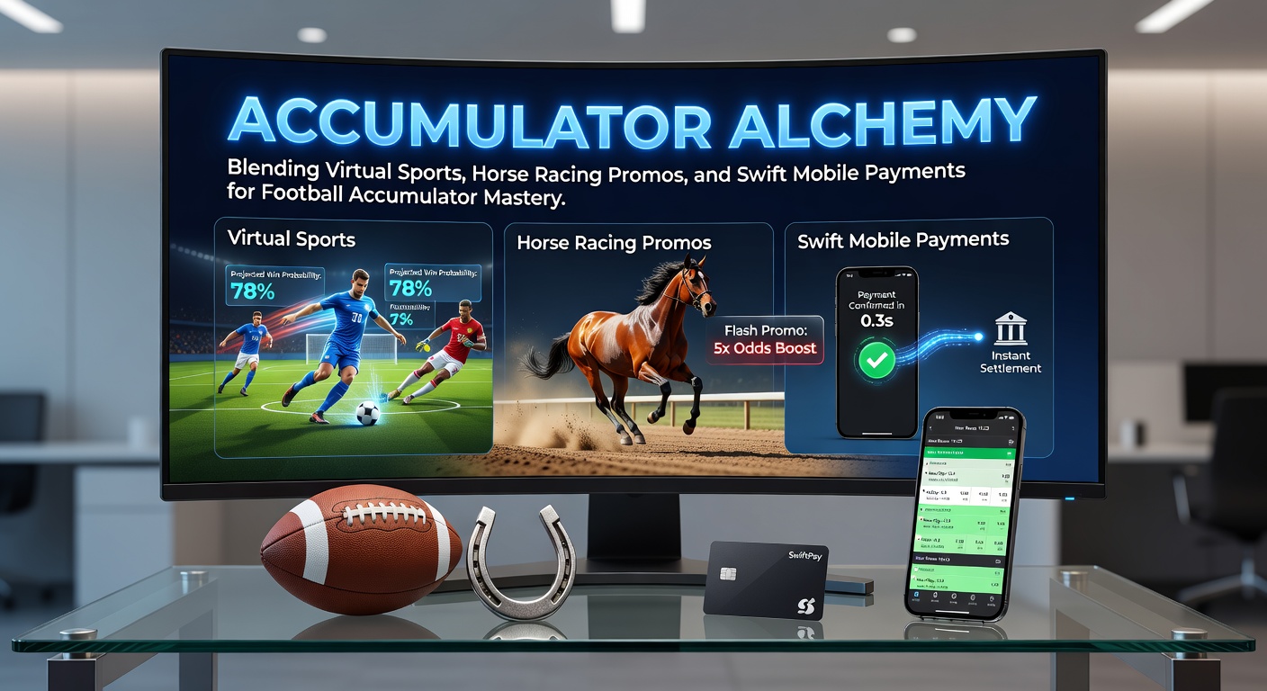 Dynamic graphic showing intertwined football pitches, virtual race tracks, and mobile payment icons symbolizing accumulator strategies