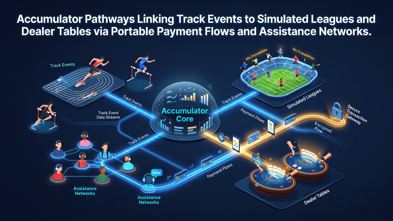 Diagram showing accumulator pathways that link track events, simulated leagues, and dealer tables through mobile payment flows