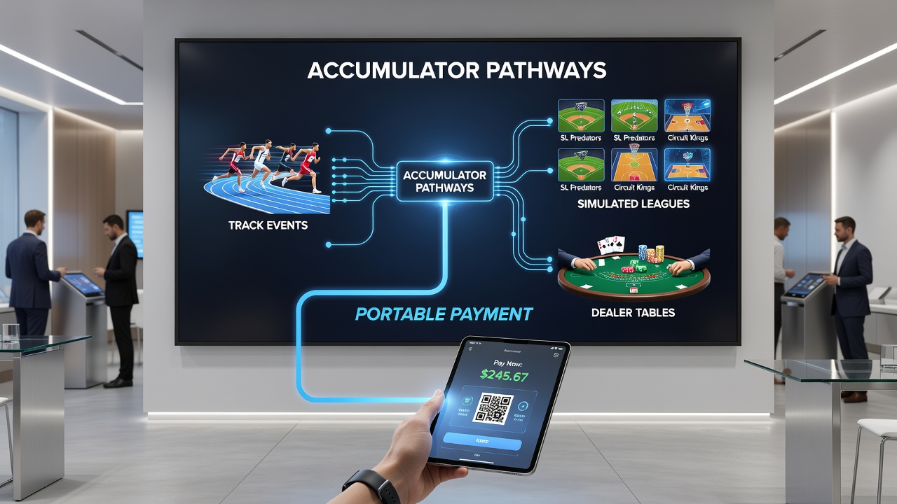 Illustration of portable payment flows connecting racing, virtual sports, and live dealer tables with support network icons