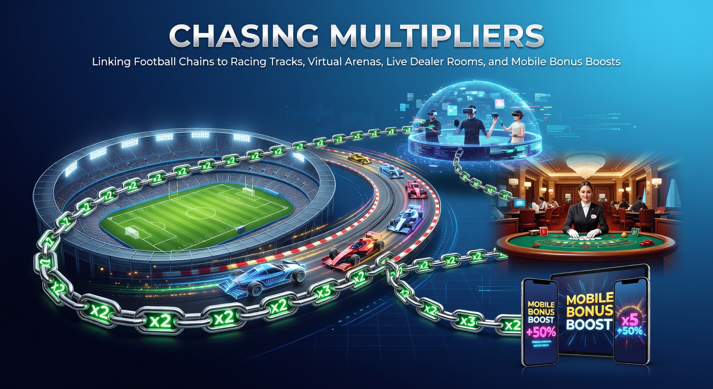 Dynamic graphic showing interconnected betting chains from football matches to horse racing tracks, virtual sports arenas, live dealer tables, and mobile app notifications for bonus multipliers