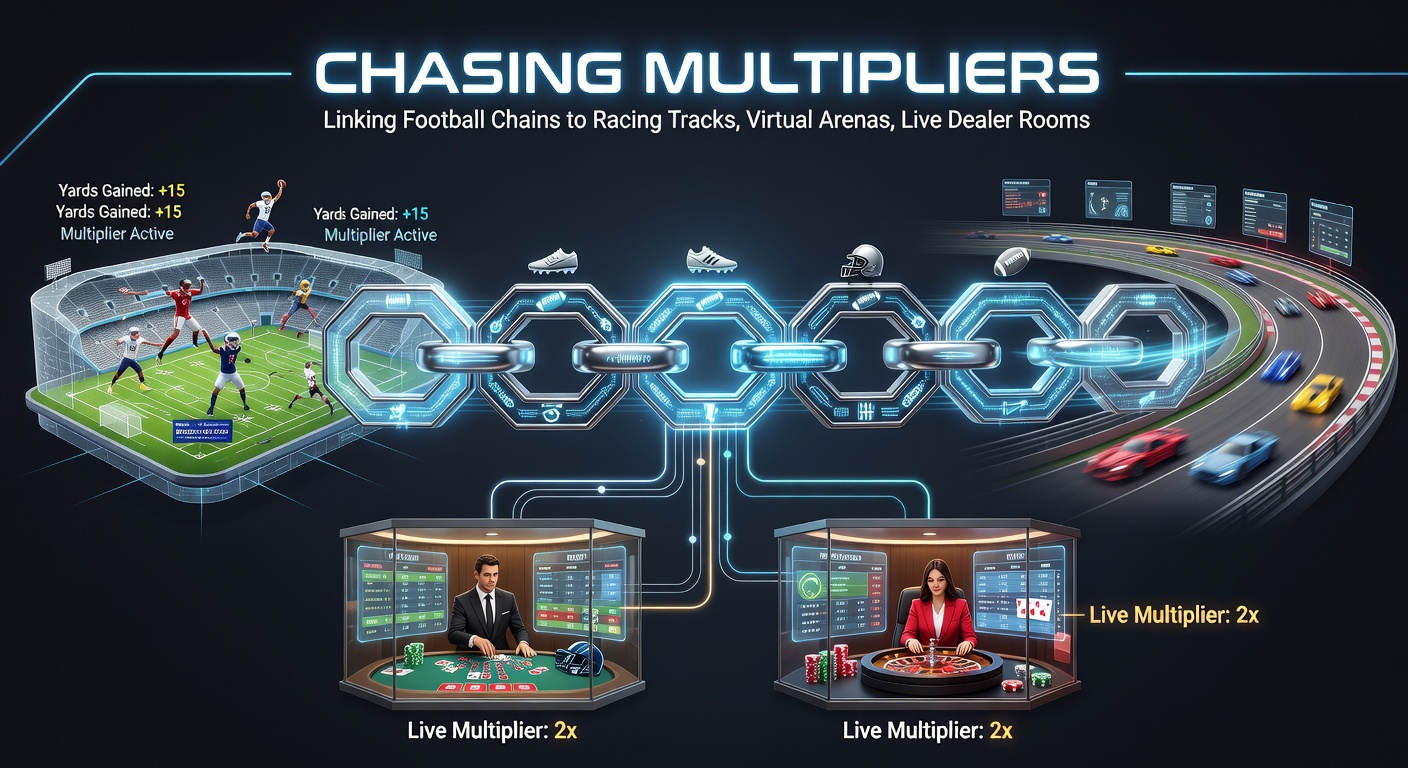 Vibrant scene of a bettor's screen displaying a live football accumulator chain transitioning to a horse race finish line, with virtual sports icons and live dealer cards overlayed, plus mobile bonus pop-ups
