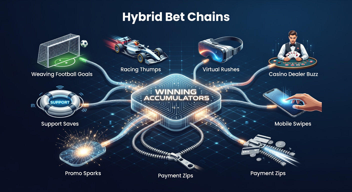 Vibrant digital graphic showing interconnected betting elements like soccer balls, racehorses, virtual tracks, casino tables, mobile screens, lightning-fast payments, promotional fireworks, and support icons forming a chain leading to a jackpot accumulator