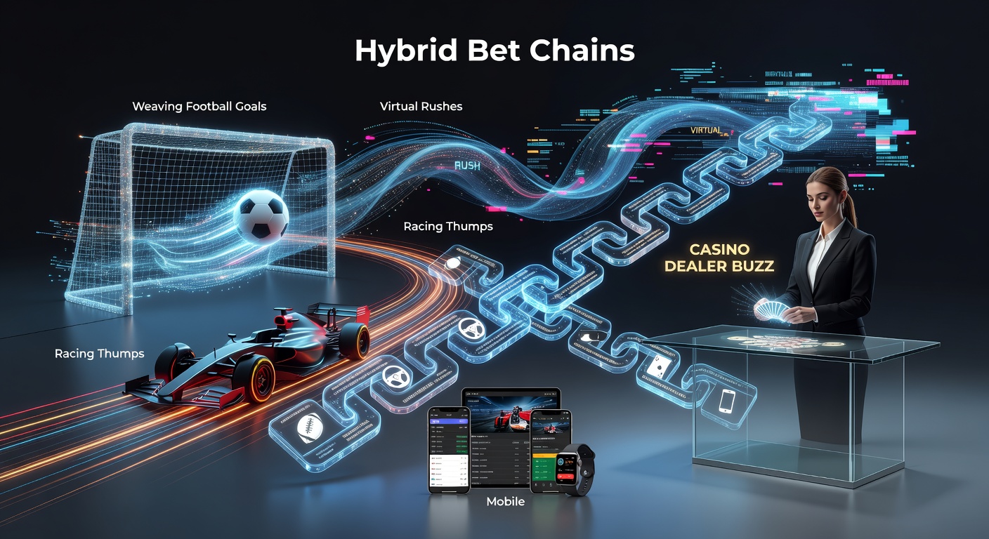 Dynamic illustration of a hybrid accumulator chain linking soccer goal nets, galloping horses, pixelated virtual runners, roulette wheels with dealers, smartphone swipes, exploding promo icons, zippy payment arrows, and shield-like support symbols culminating in a glowing win trophy