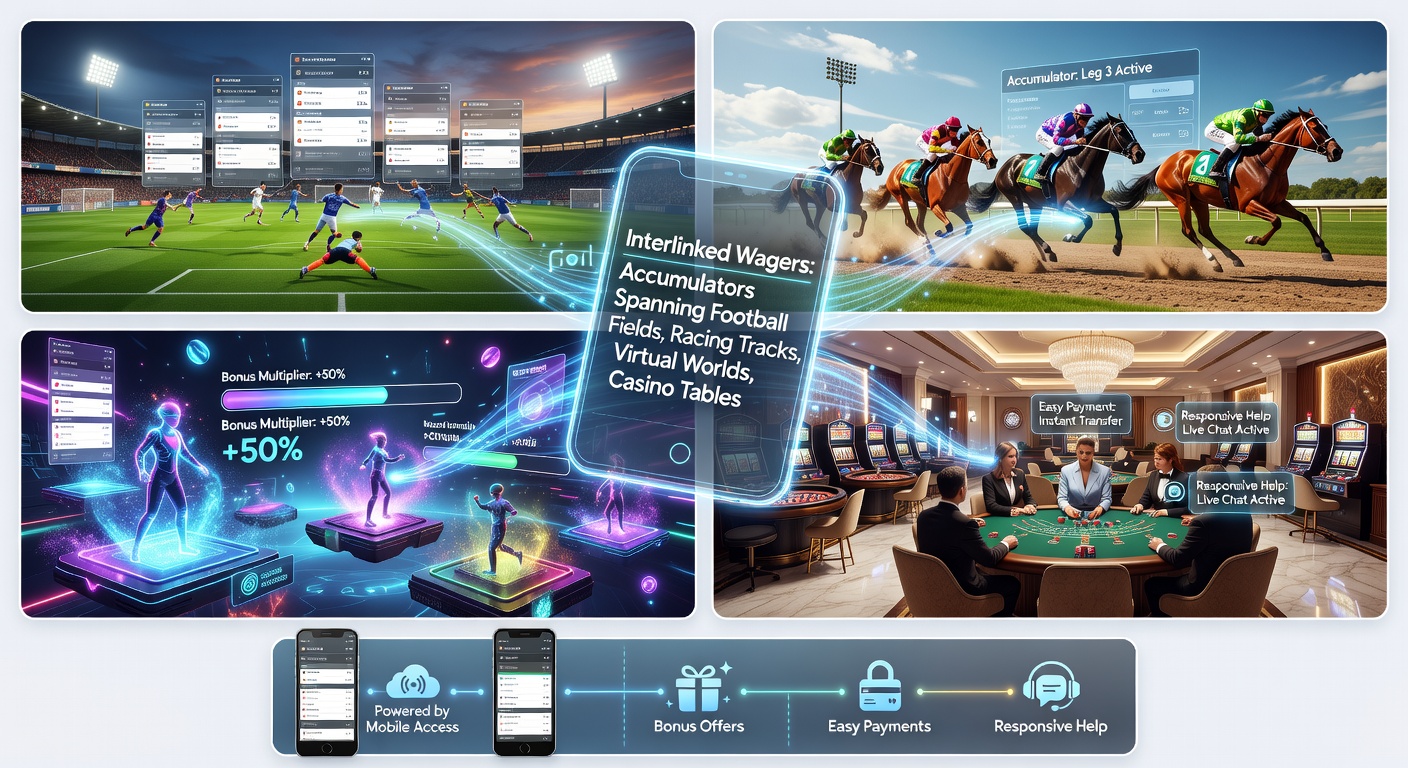 Dynamic graphic illustrating interconnected betting slips linking soccer goals, horse races, virtual sprints, and casino roulette wheels on a mobile screen