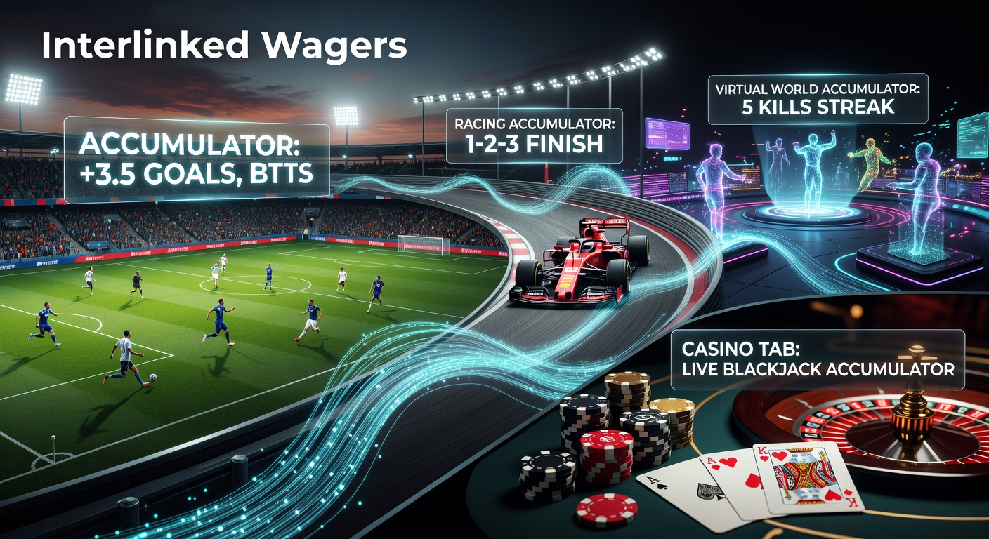 Close-up of a smartphone displaying a multi-sport accumulator bet slip with soccer, racing, virtual sports, and casino options highlighted