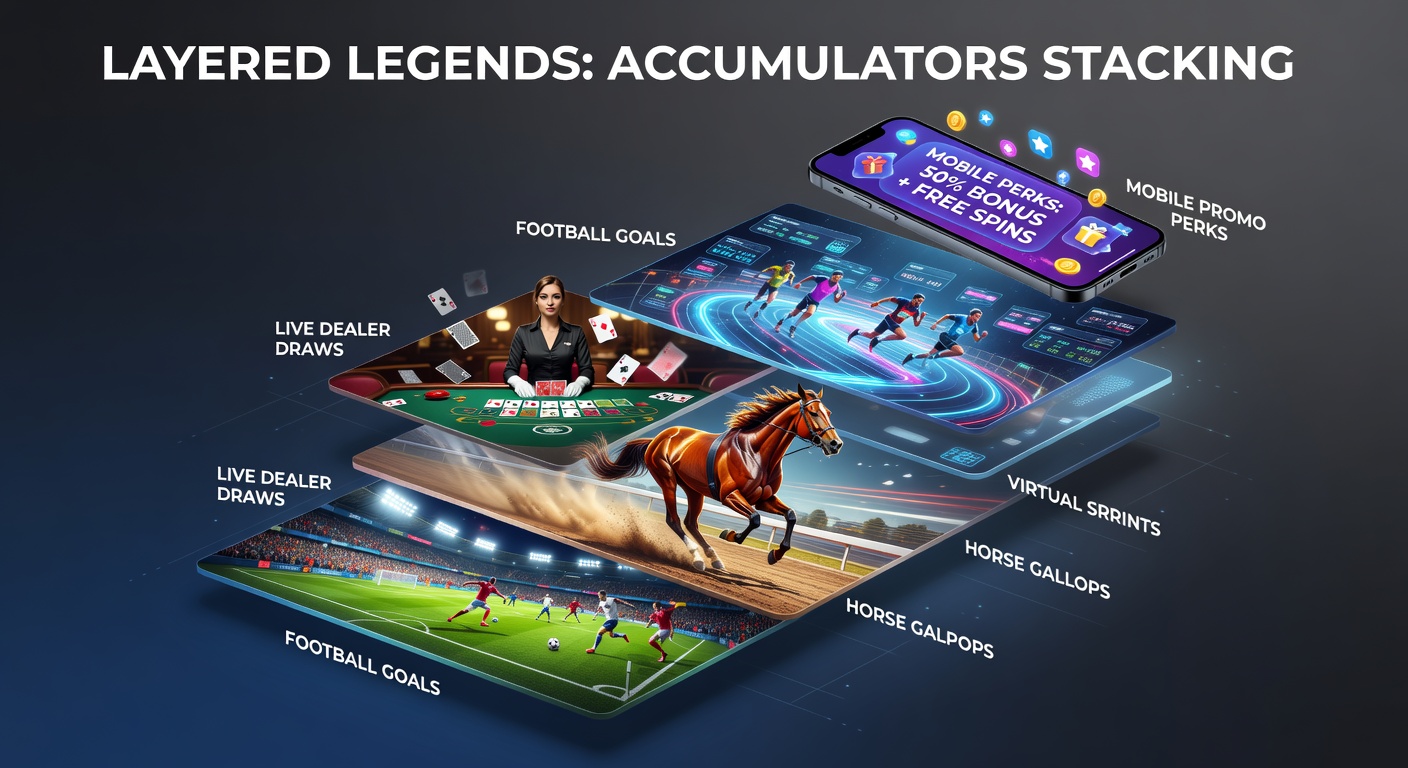 Dynamic graphic showing stacked betting slips with football pitches, horse tracks, virtual runners, roulette tables, and mobile app icons layered together
