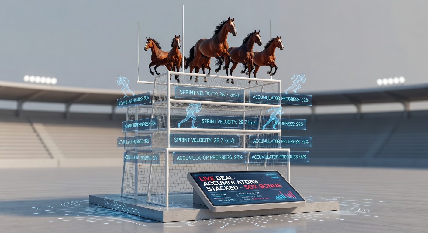 Close-up of a thrilling horse race finish line with overlaid betting accumulator icons, football balls, and virtual speed lines for a high-energy betting fusion