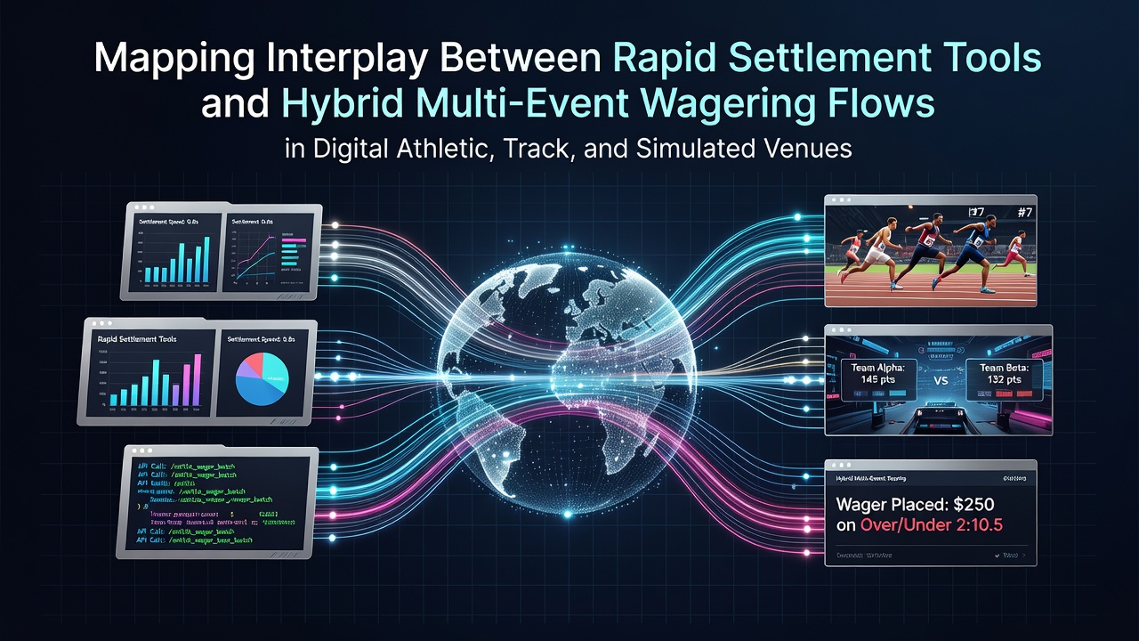 Diagram showing rapid settlement tools integrated with hybrid multi-event wagering flows in digital athletic and simulated venues