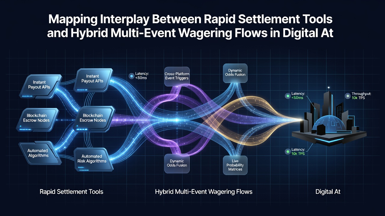 Flowchart illustrating connections between settlement tools and multi-event betting in track and digital sports venues