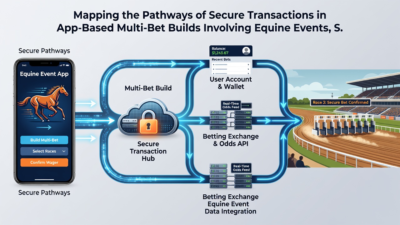 Diagram of secure payment routing connecting equine, soccer, and virtual competition bets within a mobile app environment