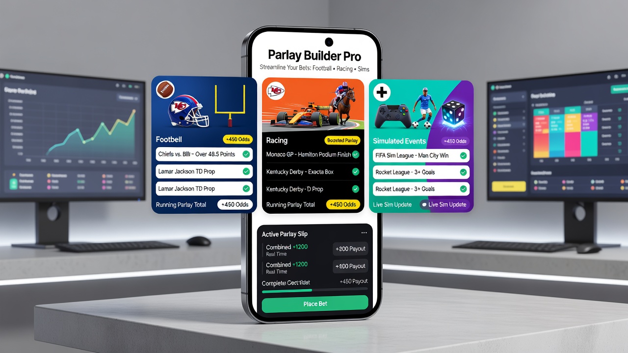 Mobile app interface showing parlay builder tools for football, racing, and simulated events