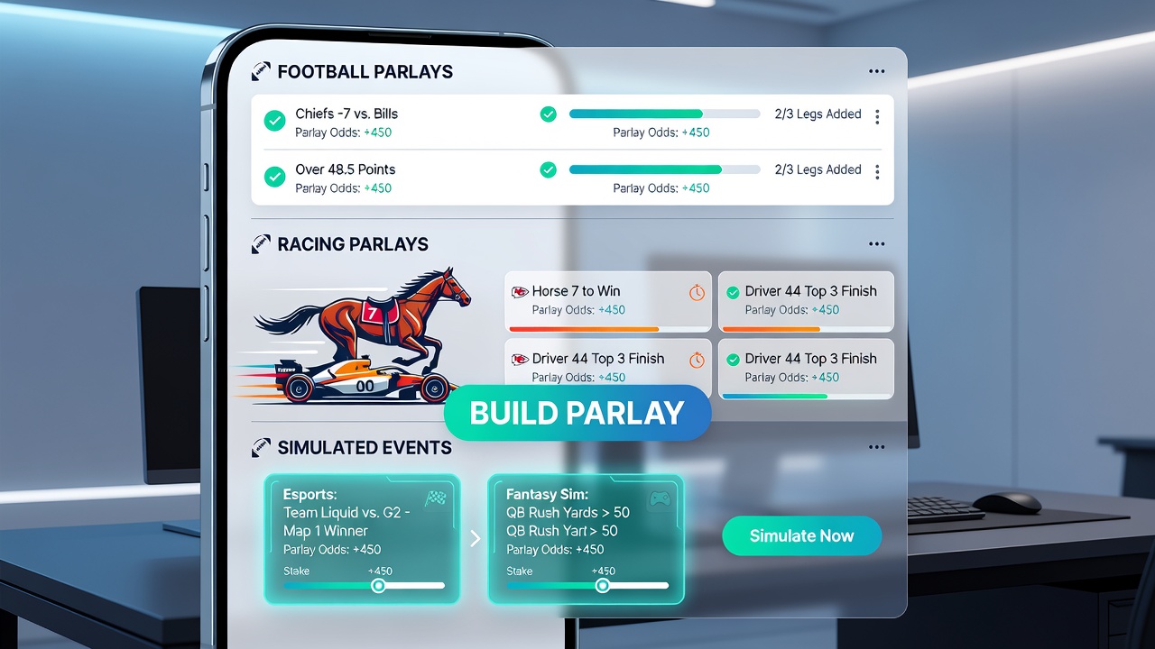 Close-up view of mobile parlay builder with football, racing, and simulated event selections active