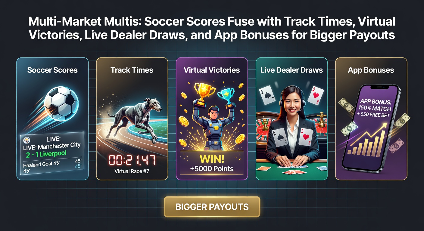 Dynamic graphic showing intertwined betting slips from soccer matches, horse races, virtual events, live casino tables, and mobile app notifications highlighting stacked multipliers for multi-market bets