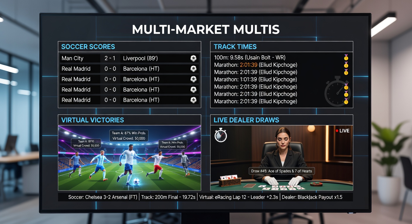 Vibrant screenshot of a betting app interface displaying a multi-market accumulator with soccer goals, a virtual greyhound race finish, live dealer blackjack hand, racing photo-finish, and a bonus multiplier icon activating for enhanced payouts