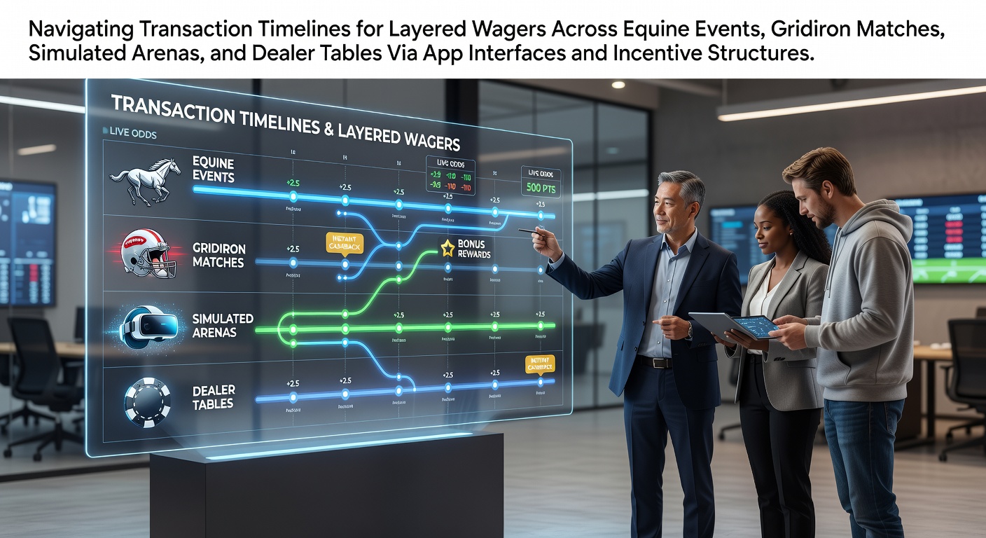 Mobile betting app interface displaying layered accumulator wagers across horse racing, gridiron, virtual sports, and casino tables with transaction timelines highlighted