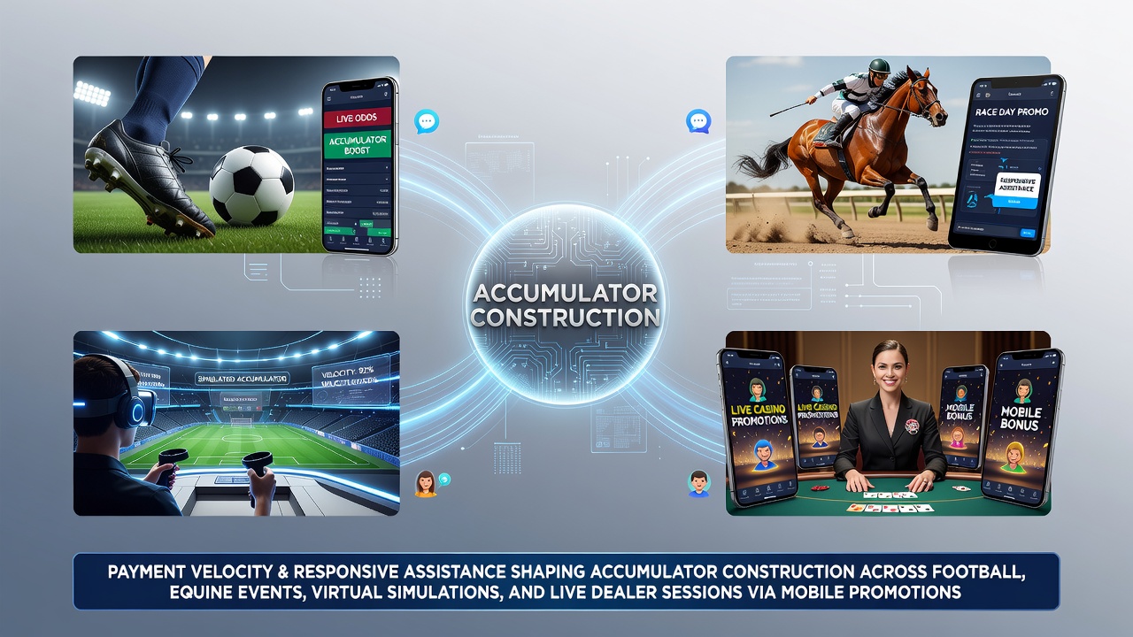 Mobile betting interface showing accumulator construction with instant deposit options across football and racing markets