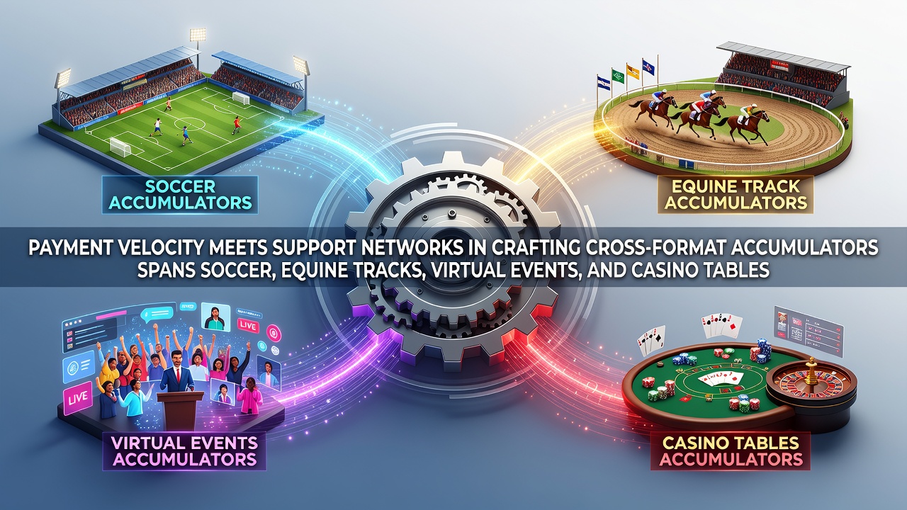 Illustration showing interconnected betting platforms with payment flows linking soccer matches, horse racing tracks, virtual events, and casino tables