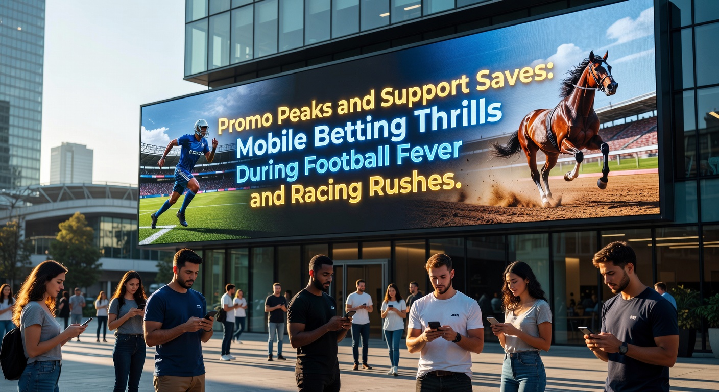 Dynamic image of horse racing starting gate with overlaid mobile betting app promotions and support chat icons
