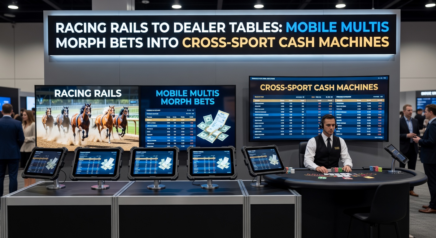 Dynamic split-screen view of a horse race finishing strong alongside a live dealer spinning roulette, with mobile accumulator odds updating in real time