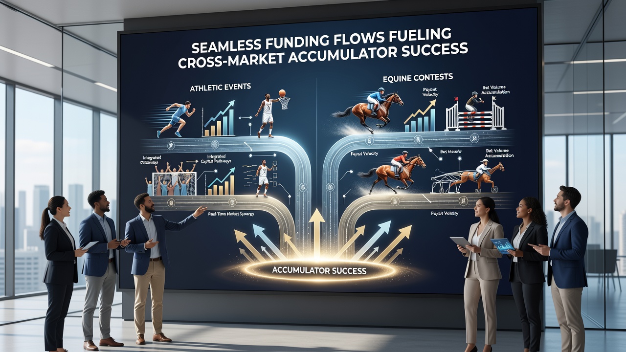 Mobile interface displaying accumulator builder with real-time funding across sports, racing, and virtual simulations