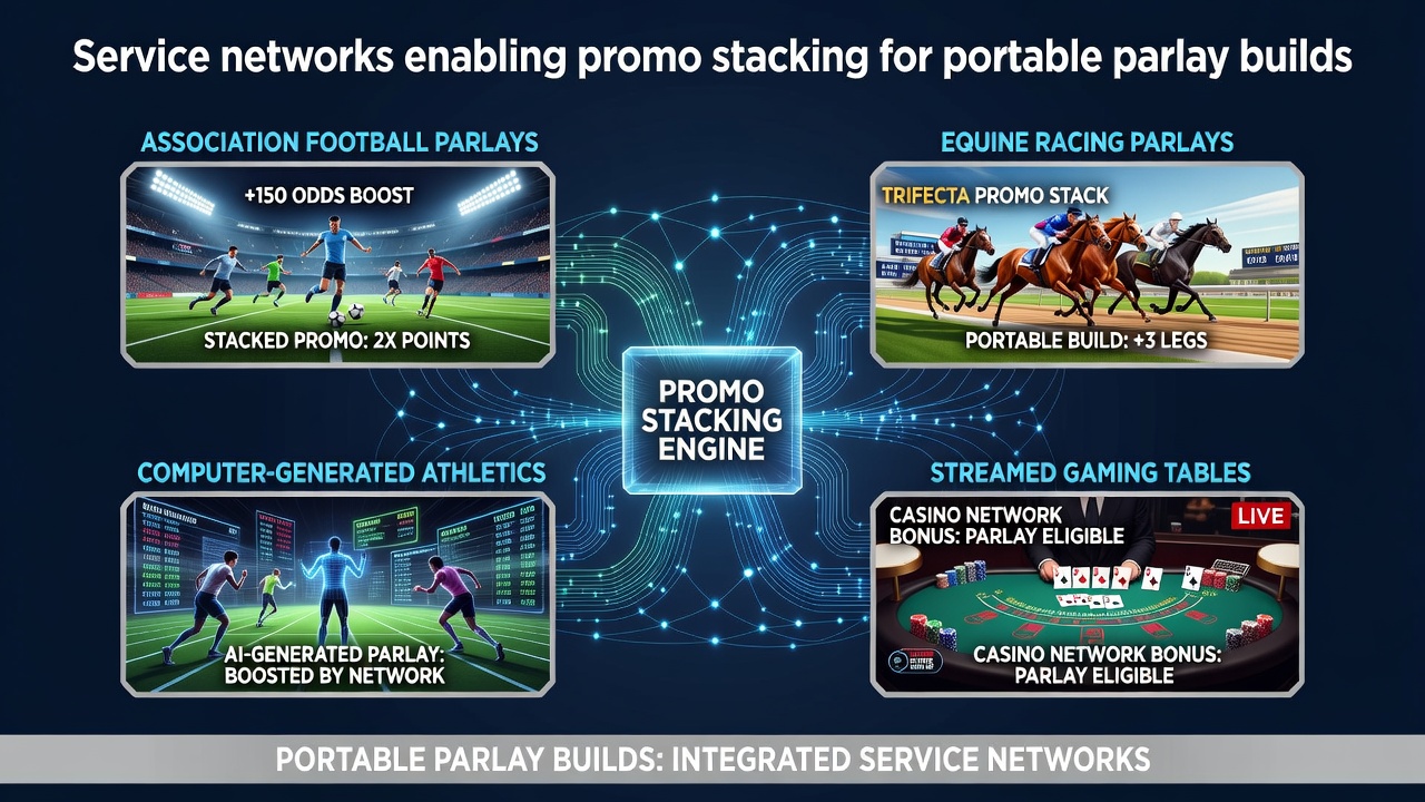 Diagram showing interconnected service networks linking mobile apps with football, horse racing, virtual sports, and live casino promotions for stacked bonuses