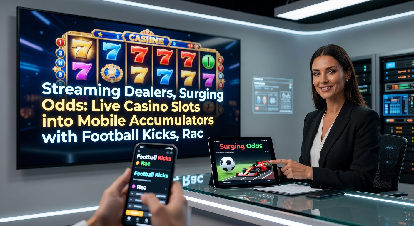 Mobile phone screen capturing an accumulator bet combining live dealer blackjack, spinning slots, football match highlights, galloping horses, and virtual racing overlays with surging odds notifications