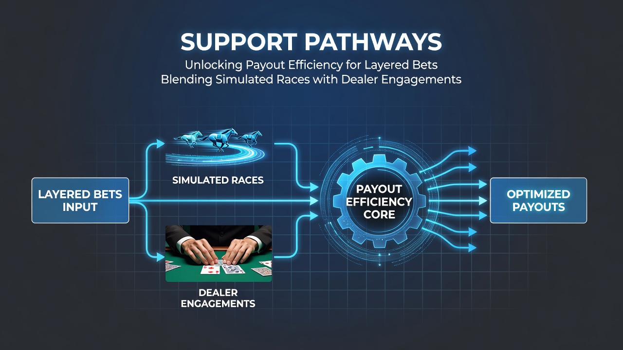 Support pathways diagram showing payout flows between simulated races and dealer tables
