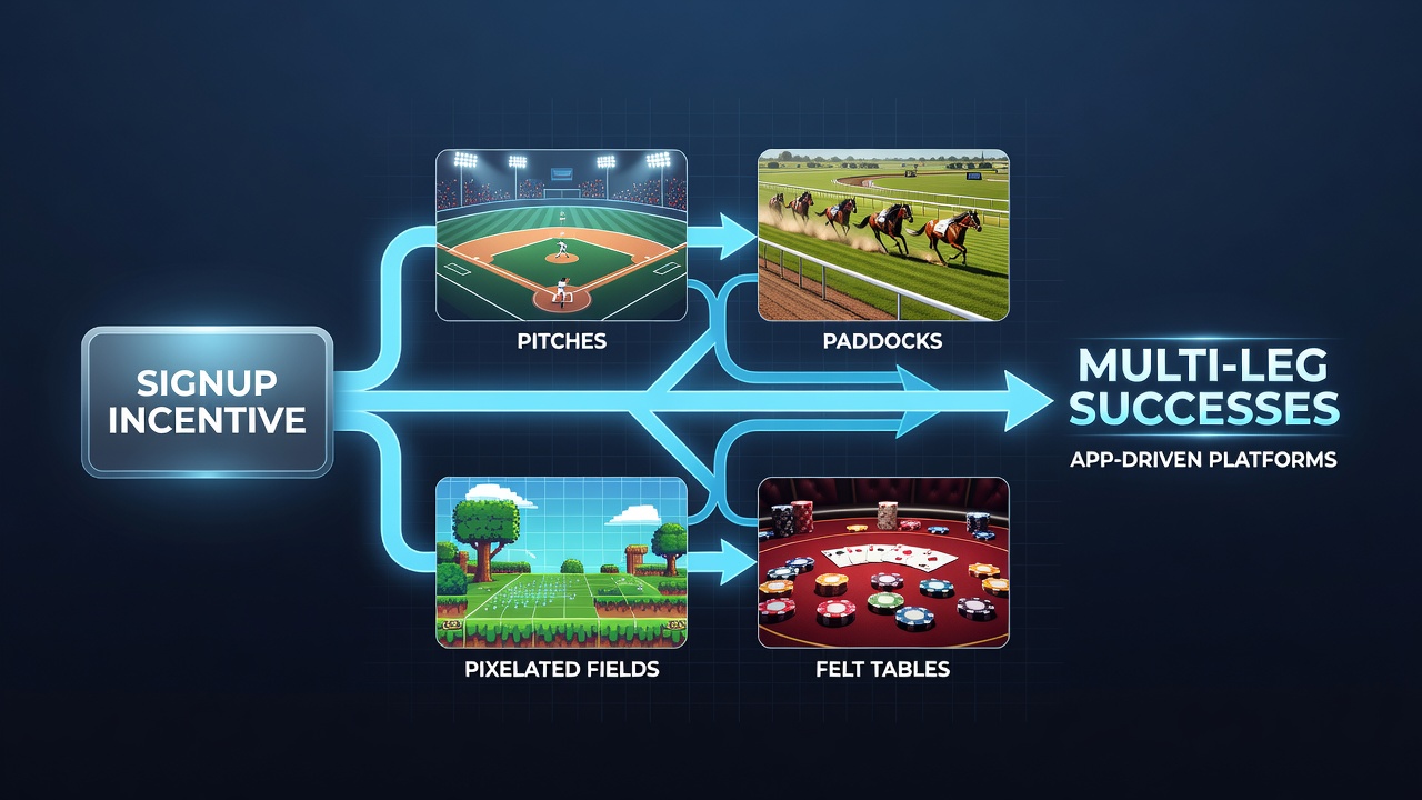 Diagram showing fund flows from signup bonuses into multi-leg bets across sports, racing, virtual games, and casino tables