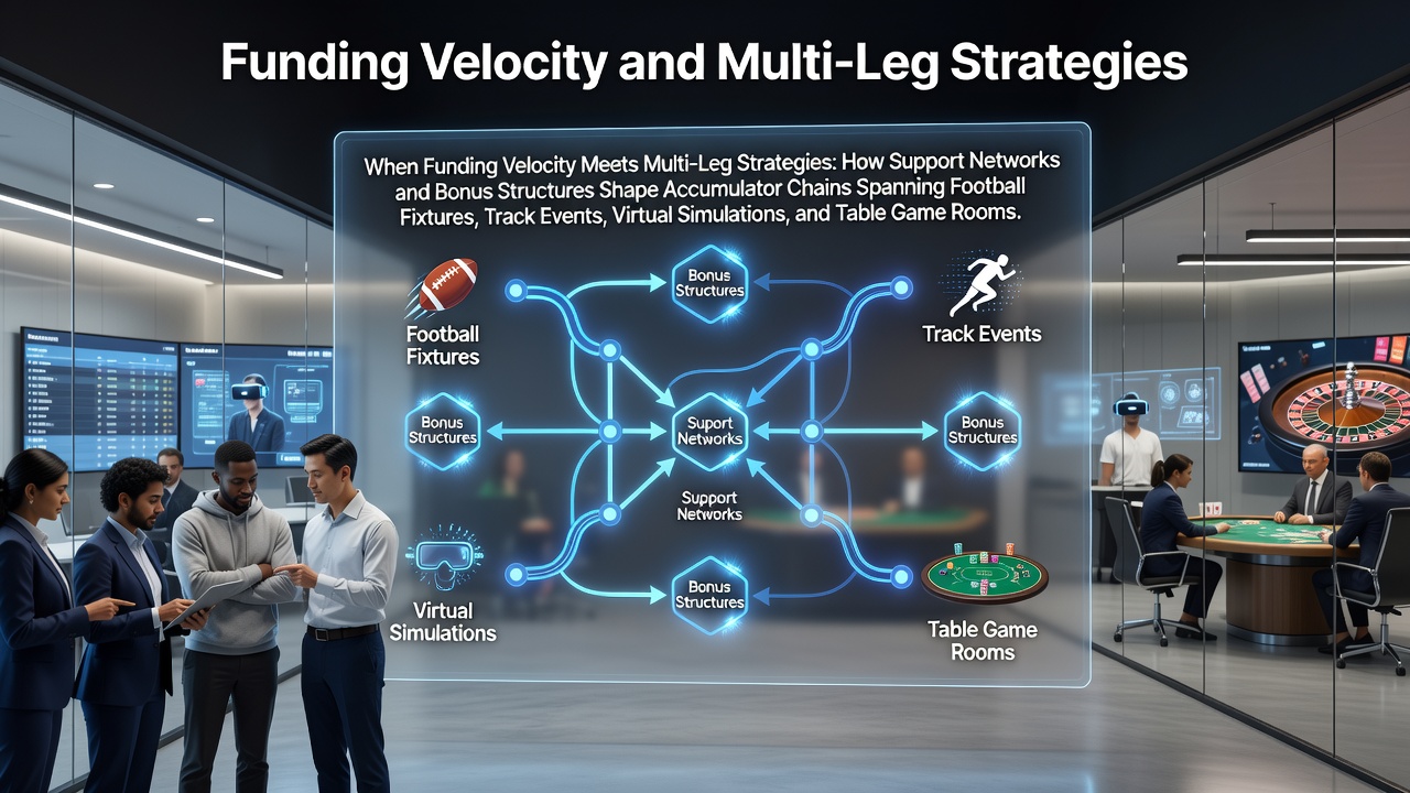 Diagram showing interconnected accumulator chains across football, racing, virtual sports, and table games with funding and bonus flows