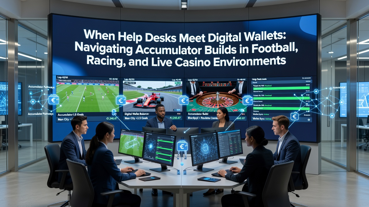 Customer support interface displaying accumulator bet options linked to digital wallet transactions in football and racing platforms